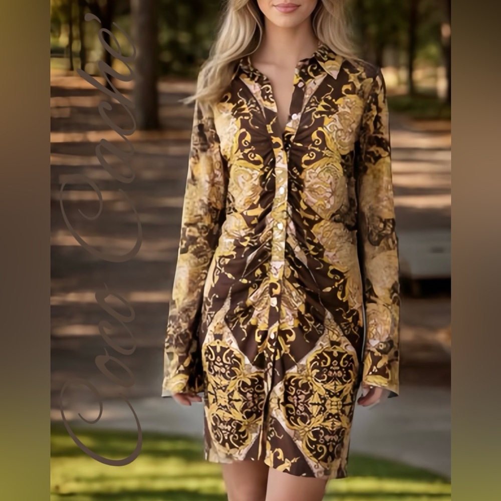 Elegant Brown and Gold Long Sleeves Women’s Midi Dress